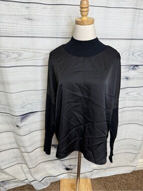 CHARLIE B Black Satin-Front Mock Neck Pullover